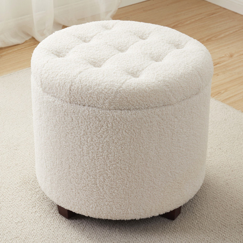 Round Boucle White Storage Ottoman