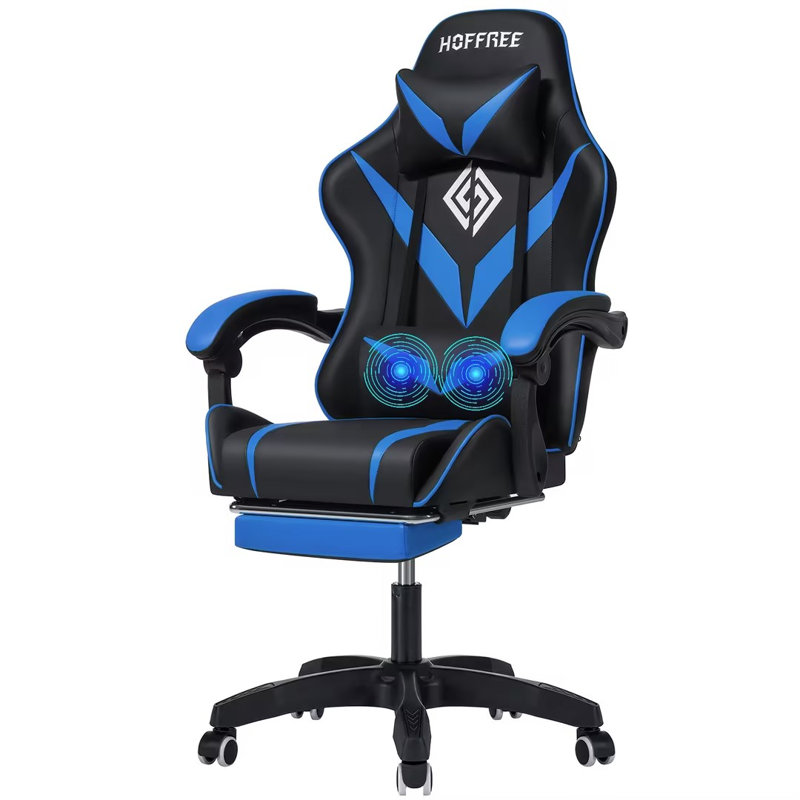 Ivy Bronx Adjustable Reclining Ergonomic Faux Leather PC & Racing Game Chair with Massage, Black, Blue/Black