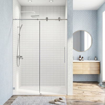 Porte de douche coulissante simple sans cadre de 46 à 48 po x H 76 po, verre trempé épais de 8 mm avec mécanisme de fermeture en douceur
