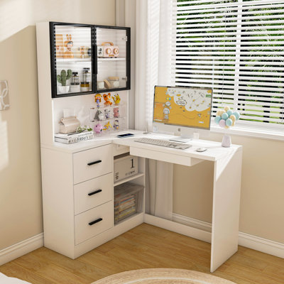 Computer Desk With Glass Cabinets & Built-In LED Lights, Corner L-Shaped Office Desk With USB Charging Ports, Keyboard Tray, Ergonomic Design For Home And Corporate Workspaces