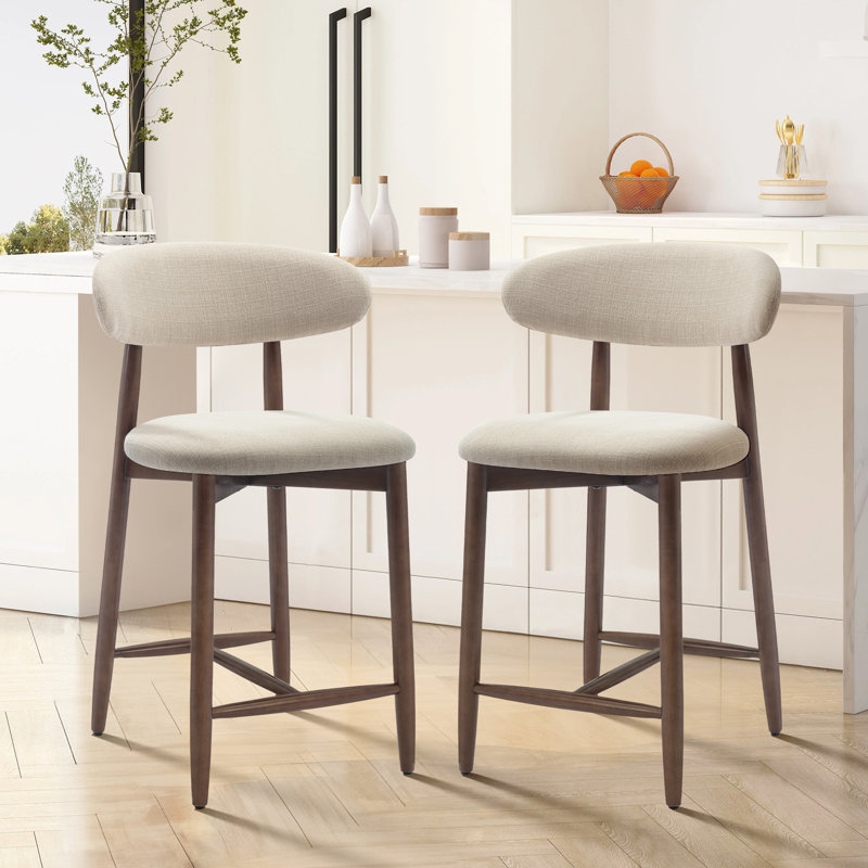 Modern Bar Stool with Breathable Fabric & Solid Wood Frame, Curved Backrest for Comfort, Beige