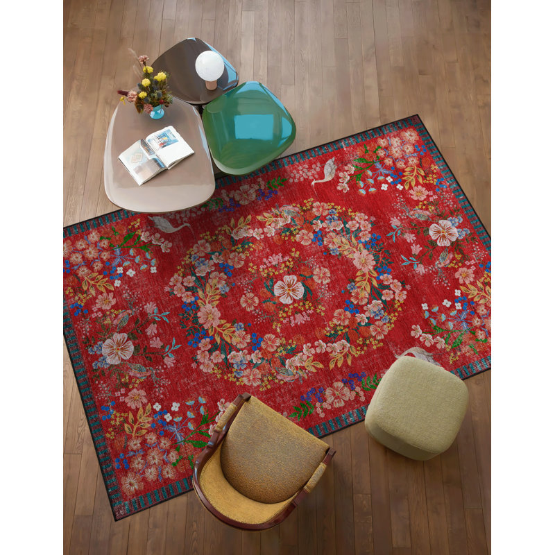 Floral Aurelina Red Theme Multicoloured Floral Patterned Colourful Woven Base Carpet, Runner 2'8" x 6'7"