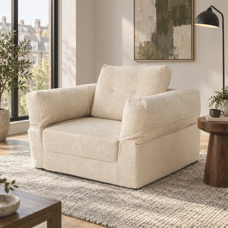 100cm Cream Corduroy 2-Seater Floor Sofa Bed, Folds Out to 190cm - Washable Cover, No Assembly