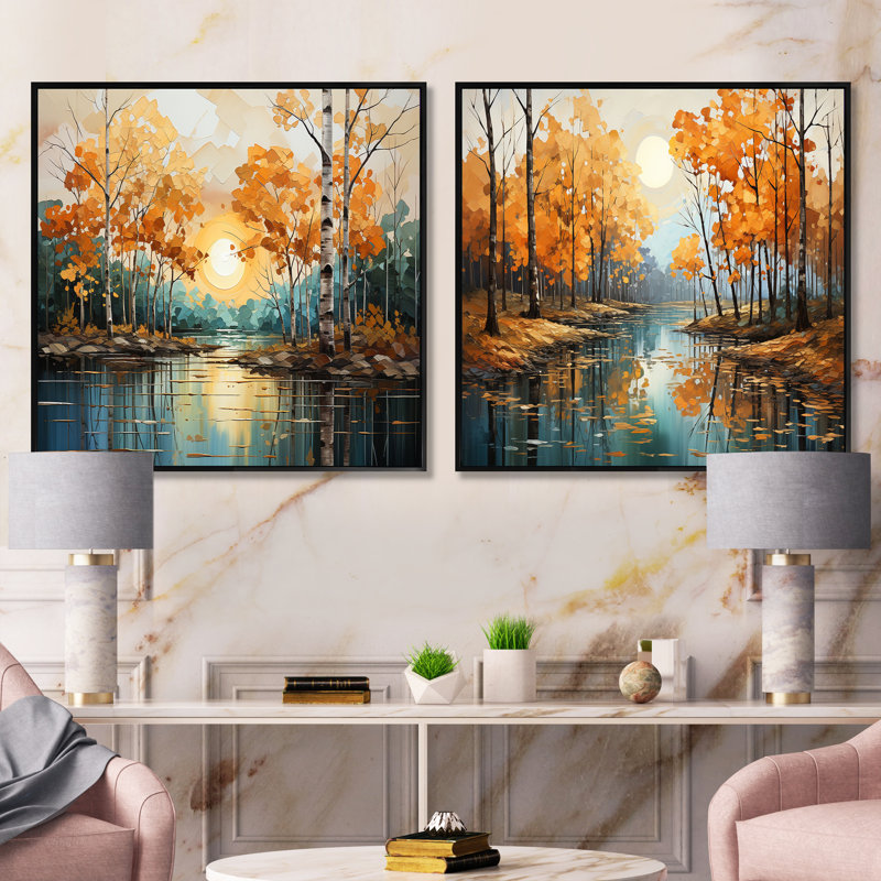 Birch Woods Gilded Pathway VII - ensemble de 2 boules carrées, Cadre flottant noir, H 16 po x l 33 po