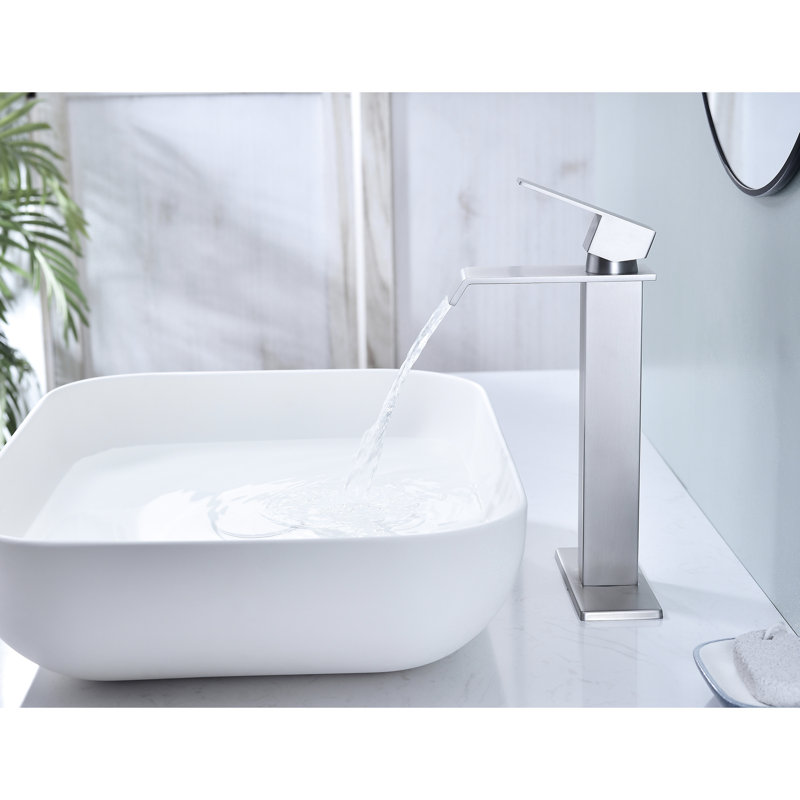 Single Handle Bathroom Sink Faucet With Waterfall Spout And Pop - Up Drain  No Overflow , Stainless Steel In Brushed Nickel Shine, Gentle Stream For Better Experience, Simple Water Flow Temperature
