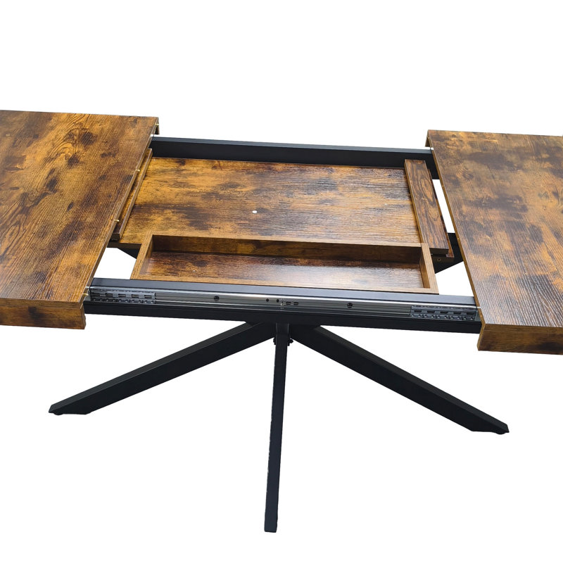 55.11"-70.86"Retro Rectangular Stretch Dining Table, Antique Wood Top And Same Color Relief Plate,With Storage Box,Suitable For Dining Rooms, Kitchens, And Living Rooms, Brown