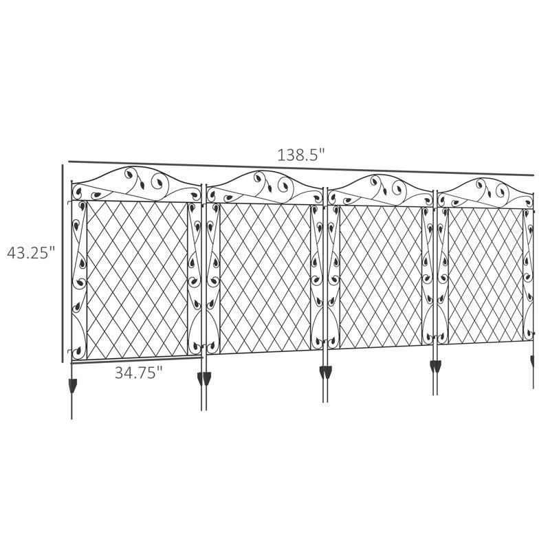 Outsunny 43'' Black Metal Garden Fence with Decorative Scrollwork