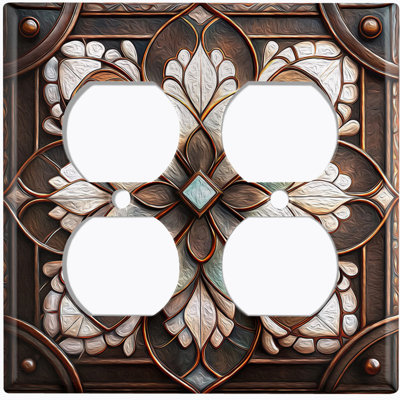 Couvercle de plaque d'interrupteur en métal; Rectangle 2 bandes US - image imprimée d'un motif de fleurs rustiques en vitrail