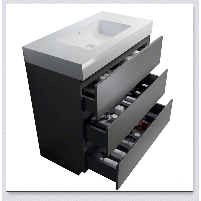 Meuble-lavabo autoportant avec grand lavabo et rangement, Gris, Blanc, 36"
