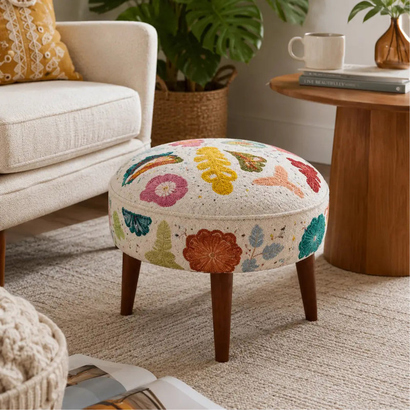 Tabouret d'appoint à motifs Suzani, 53 x 46 cm, en tissu de coton blanc