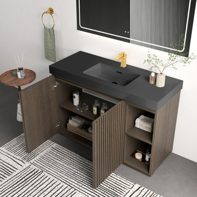 Meuble-lavabo 48 po en chêne fumé avec lavabo une pièce en quartz noir, autoportant, grand rangement pour salle de bain moderne, Kd, design rétro, armoire cannelée, poignées cachées, tablettes réglables, système de basculement,