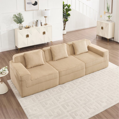 Modular 3 Seat Boneless Sofa, Cloud Sectional Couch With Deep Seat, Modern Modular 3-Seat Sofa Couch With Throw Pillows Corduroy Fabric Camel