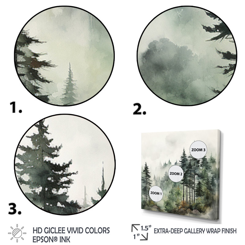 «Forest Pine Tree Misty Morning I», reproduction d'art sur toile, forêt pin, Noir, H 24 po x l 24 po, Picture Framed