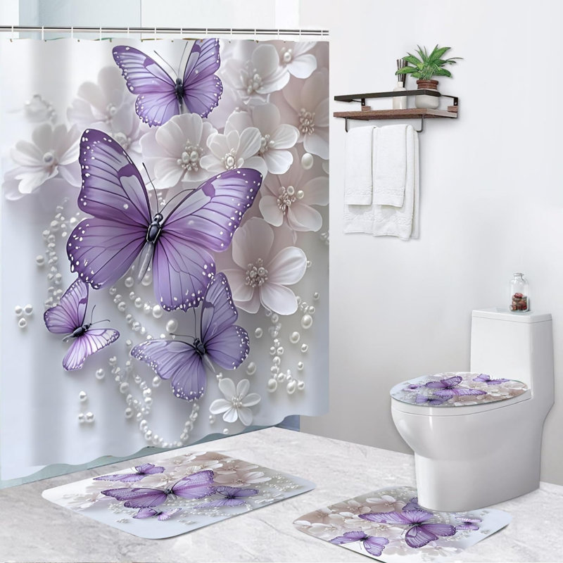 Ensemble de rideau de douche et tapis de salle de bain mauve perle mauve, 4 pièces, mauve