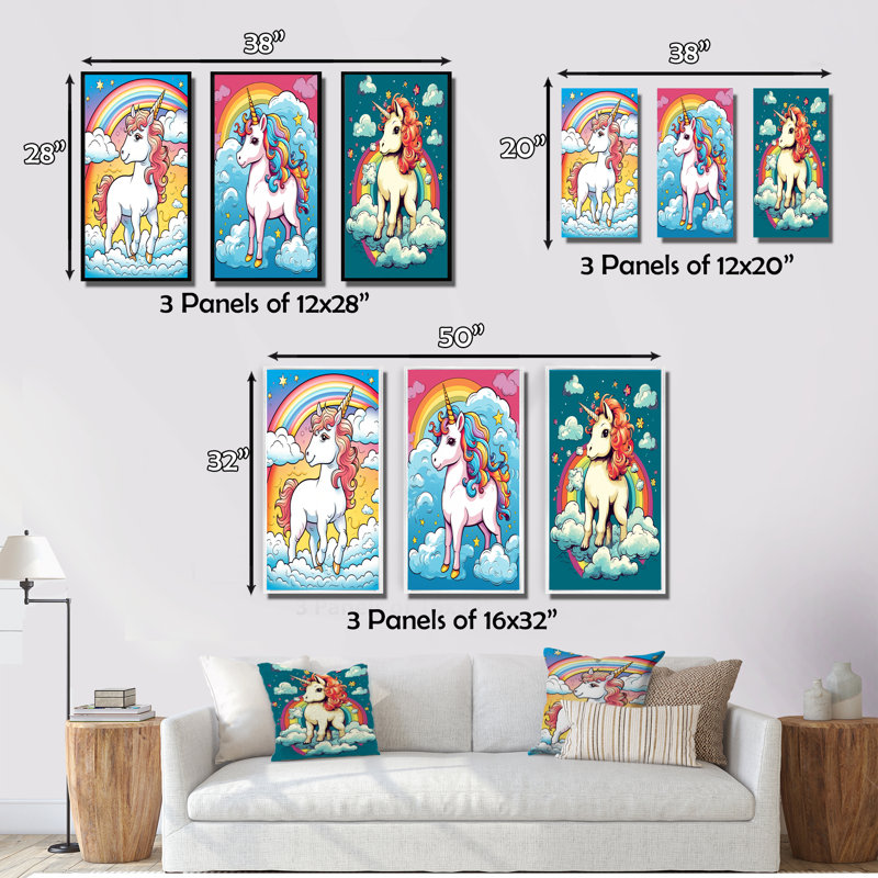 Mignon licorne et arc-en-ciel I - ensemble de 3 pièces de licornes fantastiques, Cadre noir, H 40 po x l 60 po