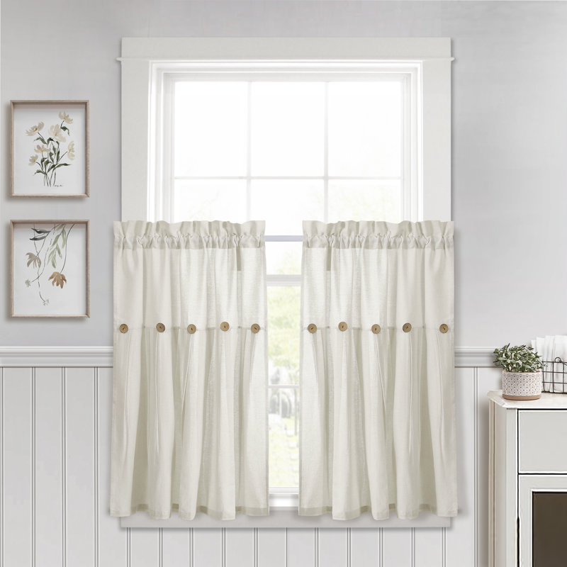 Rideau de cuisine en lin de couleur unie à boutons, L 29 po x L 36 po, Blanc cassé