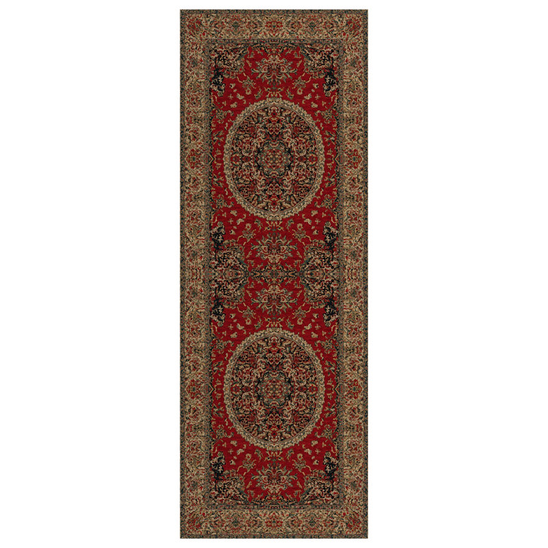 Guria Red/Brown Oriental Machine Printed Cotton Chenille Area Rug, Runner 3'4" x 10'6"