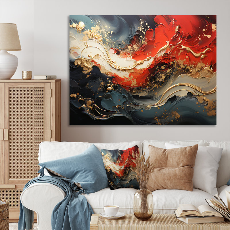 Rouge et or feu de marbre VI - art mural abstrait, Toile tendue, H 30 po x l 40 po x P 1,5 po