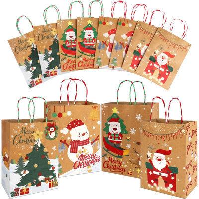 12 sacs en papier kraft avec poignées 12 pièces, 8,7 po x 6,3 po x 3,2 po, 4 motifs festifs assortis, sacs de cadeaux en vrac pour cadeaux, bonbons et cadeaux