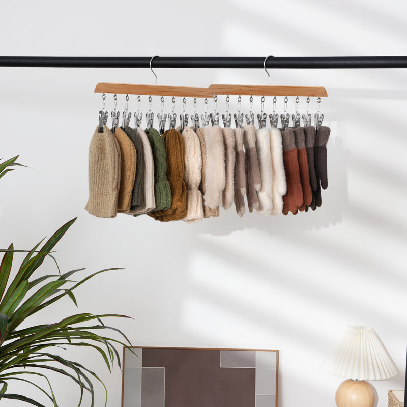 Hat Organizer with 10 Adjustable Stainless Steel Clips, Wooden Cap Storage for Closet, Natural