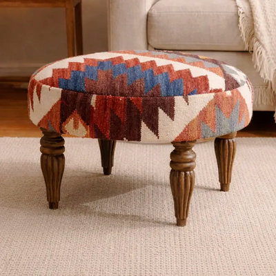 Kilim Pattern Footstool, Jute Fabric - Tribal