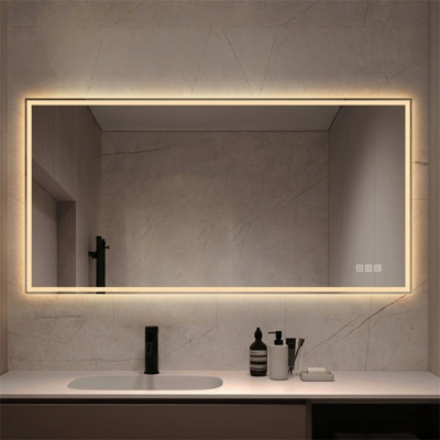 Miroir mural de salle de bain 48 po x 24 po à DEL, conception à bord droit, finition en verre givré, antibuée, éclairage à 3 couleurs à intensité variable, verre argenté sans cuivre de 0,2 po, câblé ou à brancher