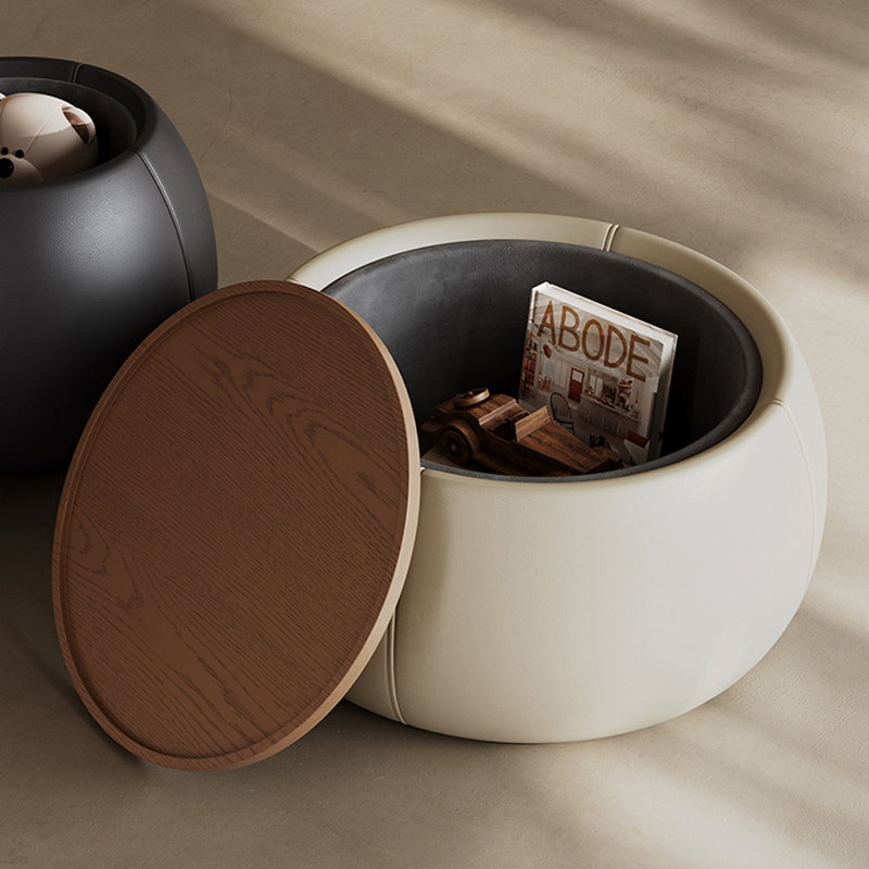 Round Creamy Coffee Table with Walnut Veneer