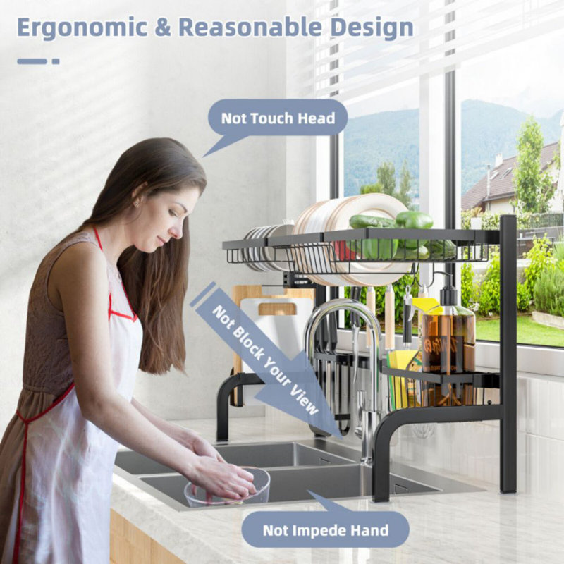 Adjustable Black Steel Over Sink Dish Drying Rack with Hooks