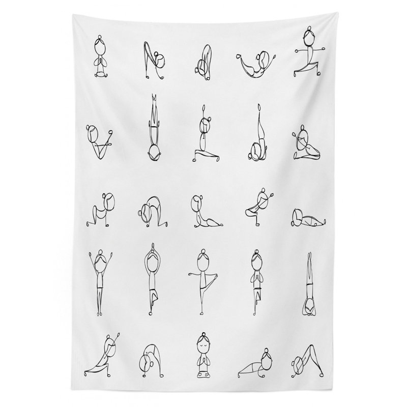 Ambesonne Yoga Tablecloth, Stickman Practicing Different Yoga Moves Stretching Physical Recreation Strength Fit, Rectangular Table Cover For Dining Room Kitchen Decor, 52" X 70", Black White