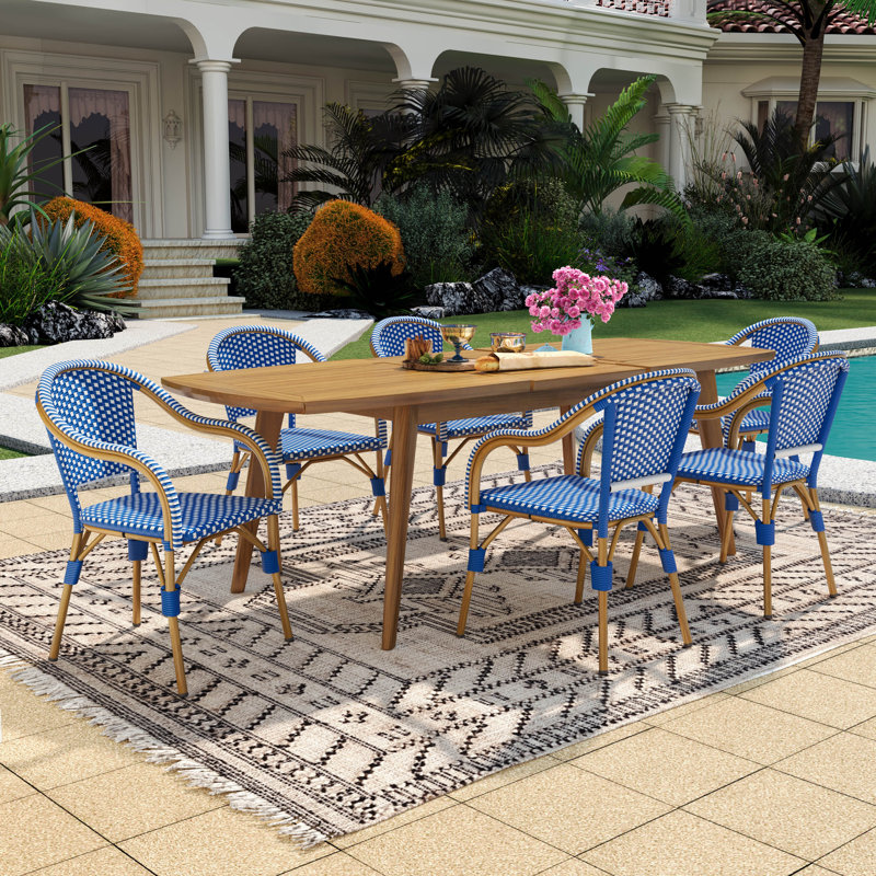 Montmartre 7-Piece Outdoor french Dining Set With Expandable Acacia Wood Table And Wicker Armchairs, Natural