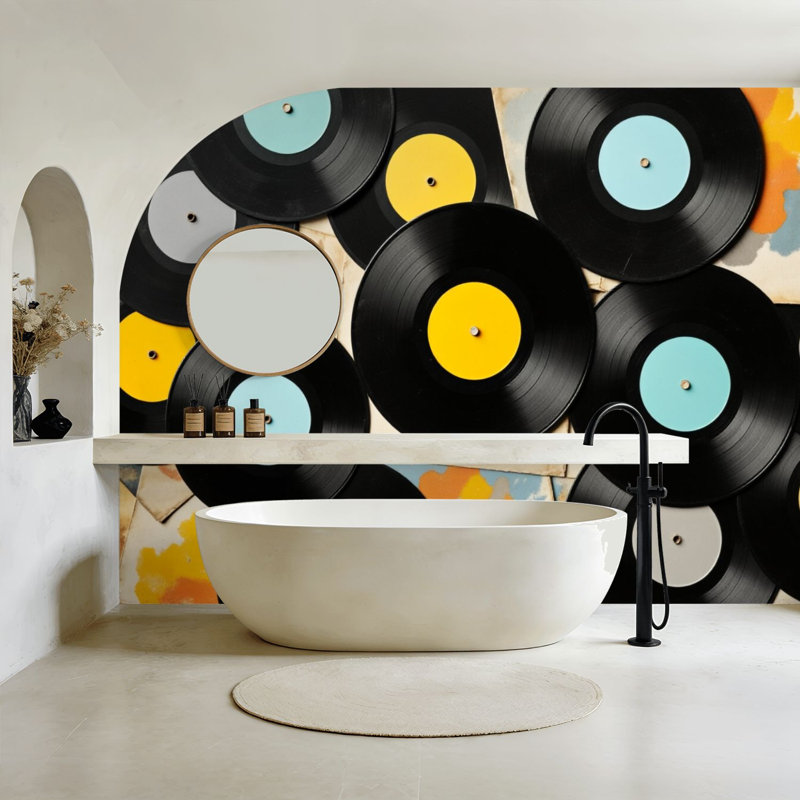 Papier peint adhésif autocollant rétro avec étiquettes colorées, thème de musique rétro, papier peint amovible en PVC, H 100 po x l 144 po, pour salon, chambre, bureau à domicile
