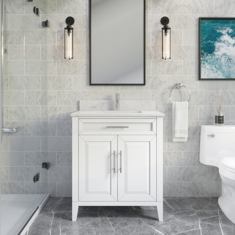 Jackson Solid Wood 30" W x 22" D Single Sink Bathroom Vanity with Engineered Stone Top, Drawer Organizer & Ceramic Undermount Sink (White)