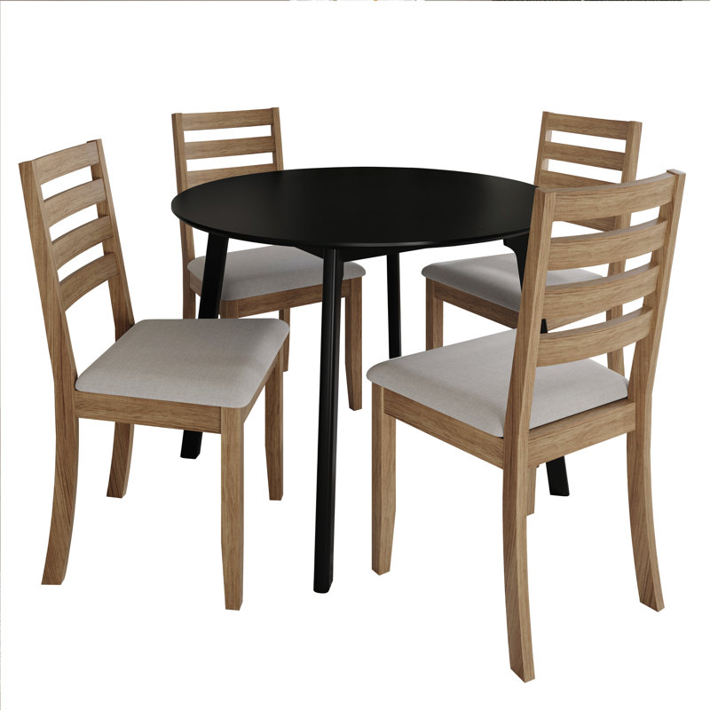 Ensemble de salle à manger 5 pièces avec table ronde noire et chaises rembourrées en chêne naturel, Chêne naturel