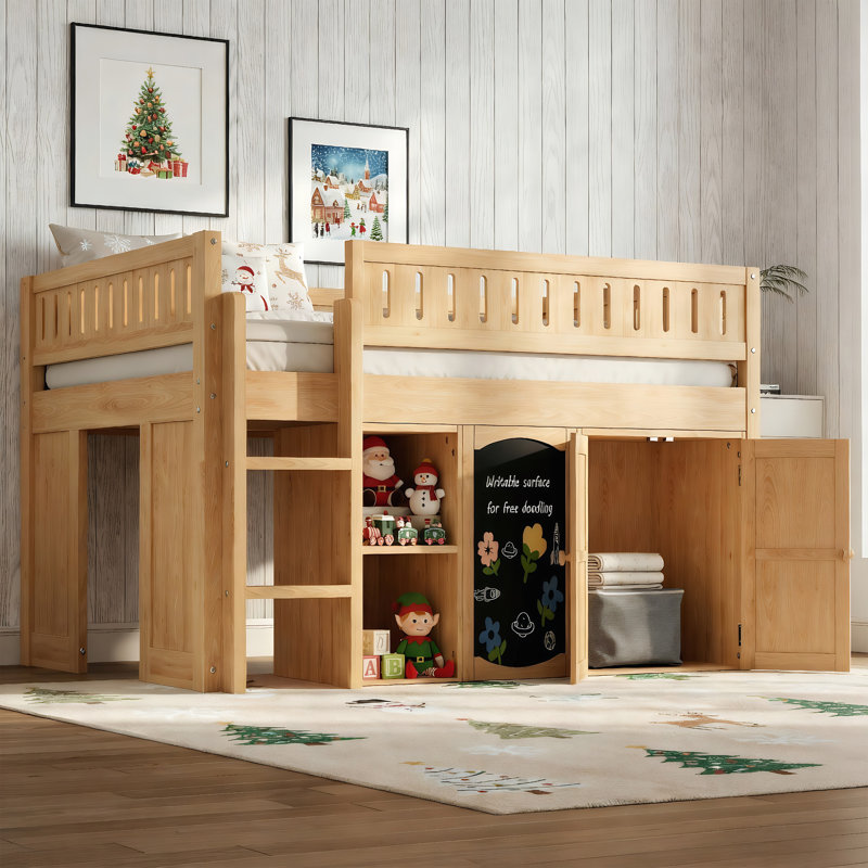 Full Size Wooden Loft Bed (White Or Natural) With Storage Shelf, Cabinet And Chalkboard Panel For Kids Bedroom, Natural