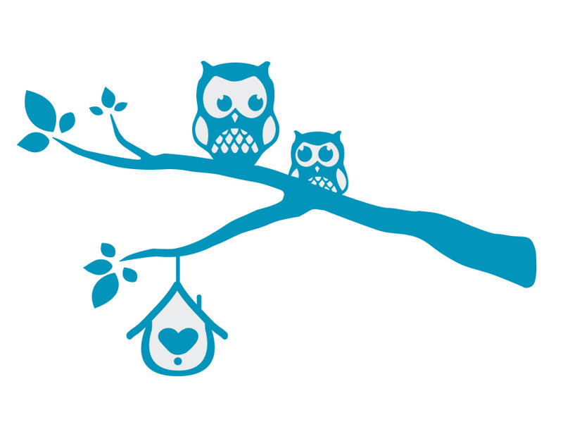 Décalcomanie murale owls sur une branche, H 39 po x l 65 po x P 0,01 po, Bleu sarcelle