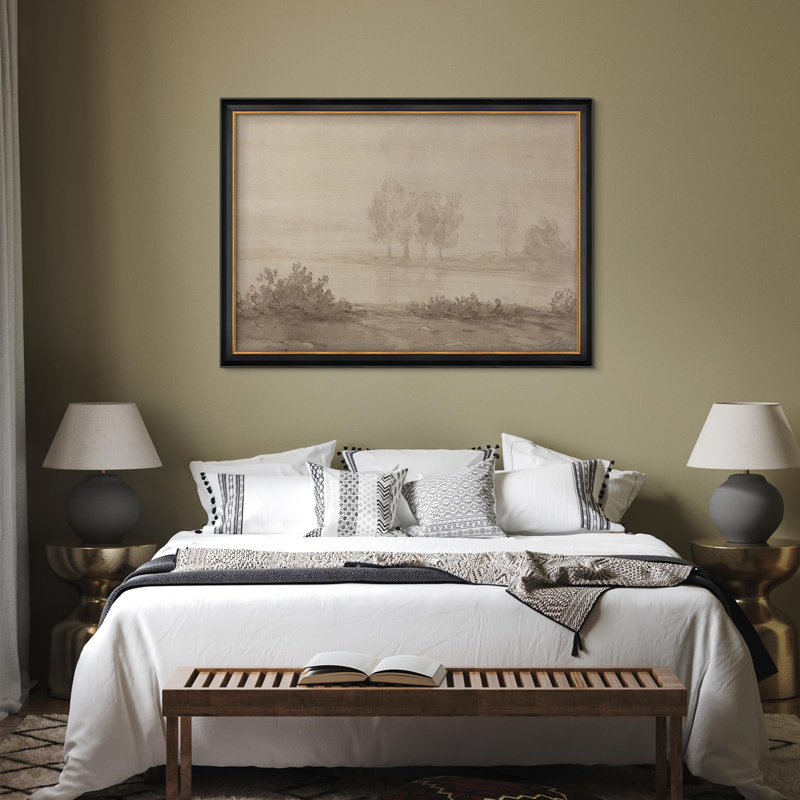 "Misty Landscape River Serene Trees In Fog Illustration Impressionism", art mural encadré, Non