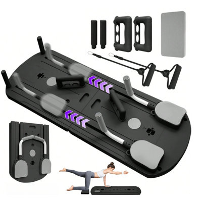 Chaise / tonneau de pilates quotidien rose, mauve et noir avec sangles / cordes réformatrices et rallonge de plateforme rembourrée