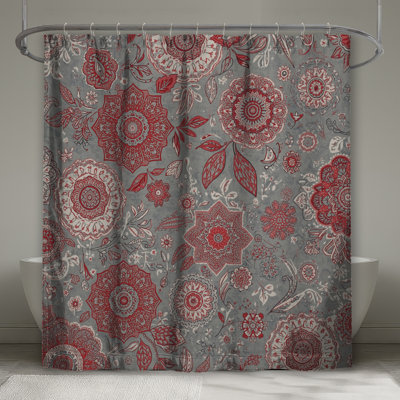 Rideaux de douche rouge et gris à motif floral très longs
