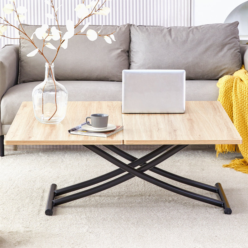 Modern Minimalist Multifunctional Lift Table With 0.8-Inch MFC Tabletop And Black Metal Legs, Can Be Used As Dressing Table, Coffee Table, Dining Table, And Office Desk.