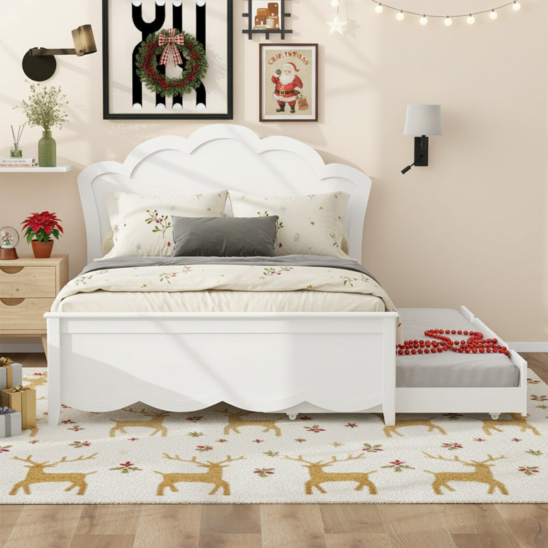 Modern Farmhouse Wood Platform Bed With Trundle, Twin/Full Size, Scalloped Headboard,Solid Wood + Mdf Frame, White Finish, Space-Saving For Small Bedroom