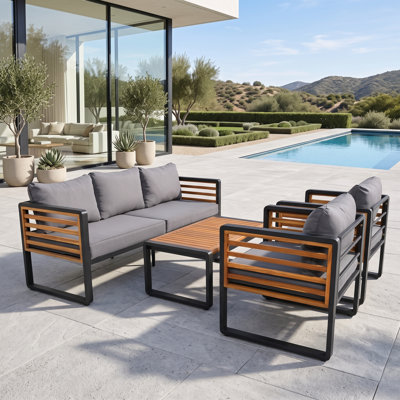 Ensemble de meubles de jardin 5 places gris, canapé d'extérieur 4 pièces avec coussins épais, structure en métal et bois durable et table basse en bois d'acacia