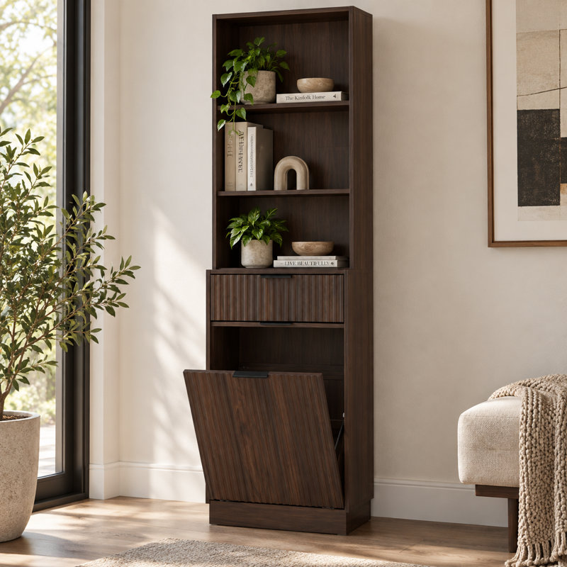 Armoire de rangement haute et étroite avec compartiment poubelle basculant, meuble de rangement de cuisine en noyer cannelé avec tiroir et étagères ouvertes