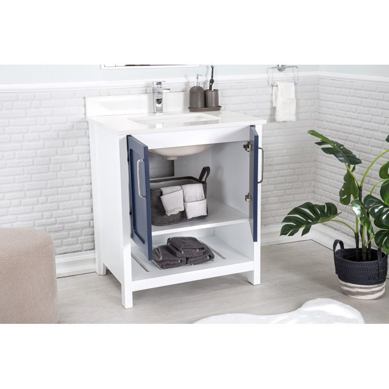 Ensemble de meuble-lavabo simple 29,5 po avec miroir Cnut, Bleu foncé / Blanc