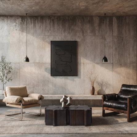 Brutalist-style living room featuring concrete walls and ceiling, a beige leather cantilever chair, black leather chair with wood frame, sculptural dark wood coffee table, black pendant lights, and abstract black wall art