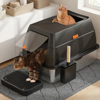 Stainless Steel Litter Box with Lid,Front Entry Top Exit Kitty LitterBox,Extra Large Enclosed Metal Cat Box with Litter Scoop & Litter Mat--Black