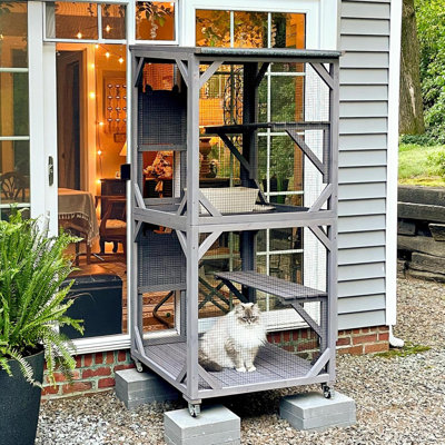 Cat Catio Outdoor Cat House Movable  Enclosures On Exercise Wheels Kitty Cage With Upgraded Resting Box,Waterproof Cover