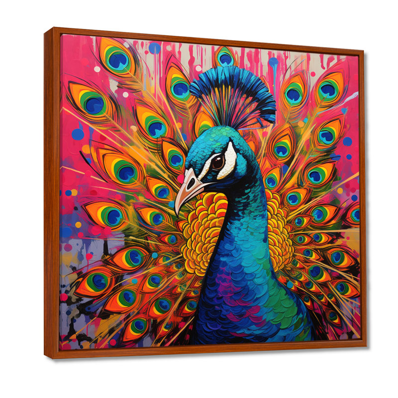 Bleu sarcelle, Pop Art, paon - paon, art mural sur toile, H 16 po x l 16 po x P 1 po, Cadre flottant brun
