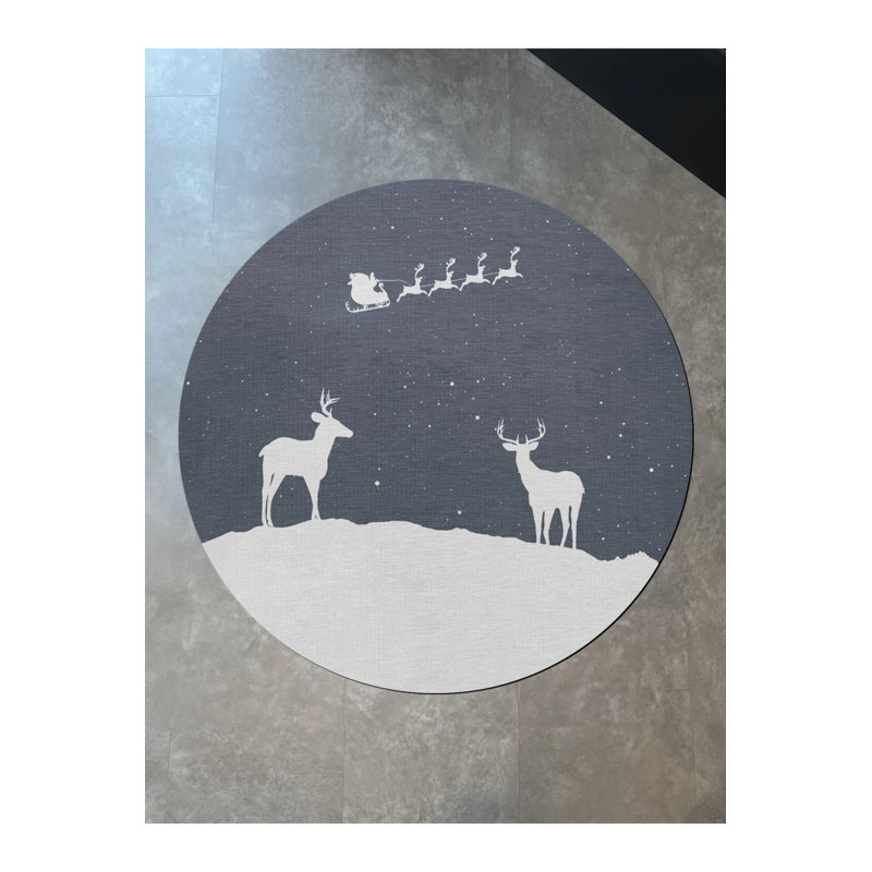 Blue New Year Themed Surrealist Moon Deer Patterned Modern Woven Base Round Decorative Carpet, Round 2'8"
