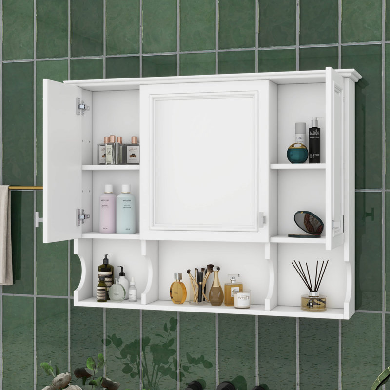 Armoire de salle de bain 35 po x 28 po avec miroir, armoire à pharmacie avec 3 portes et tablette réglable, armoire à miroir avec tablettes ouvertes