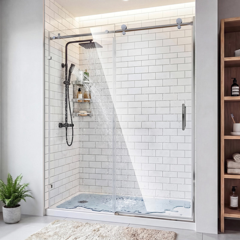 56-60" W X 76" H Frameless Shower Door, Magnetic Sliding Glass Shower Door, 5/16"(8mm) Thick Tempered Glass, Leak-proof Seals, Stainless Steel Hardware, Easy-clean Nano Coating, Bright Silver
